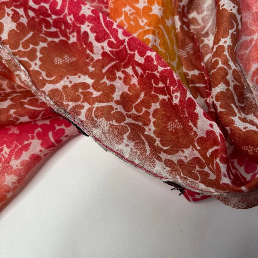 VTG Floral Silk Rectangle Scarf Ombre Red Orange Yellow Sunset Print Sheer Fairy